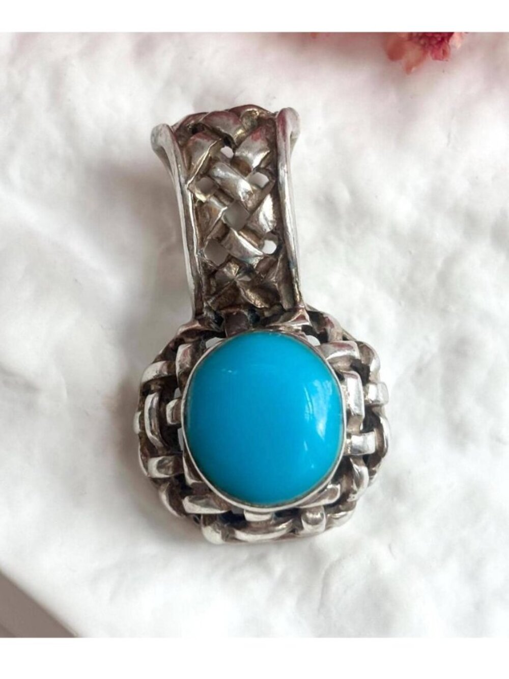 Woven Sleeping Beauty Turquoise Gemstone Sterling Silver 925 Vintage Pendant